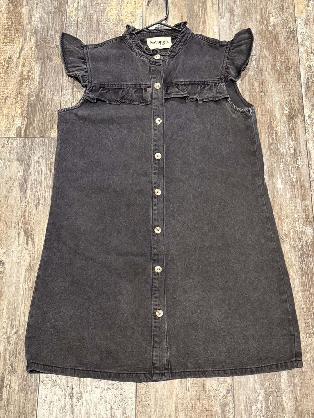 Savanna Jane Women's Charcoal Wash Denim Ruffle Sleeve Button Mini Dress Small